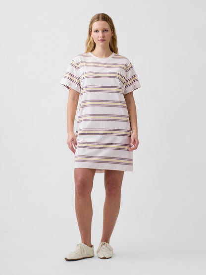 Beyaz Relaxed Stripe Mini T-shirt Elbise