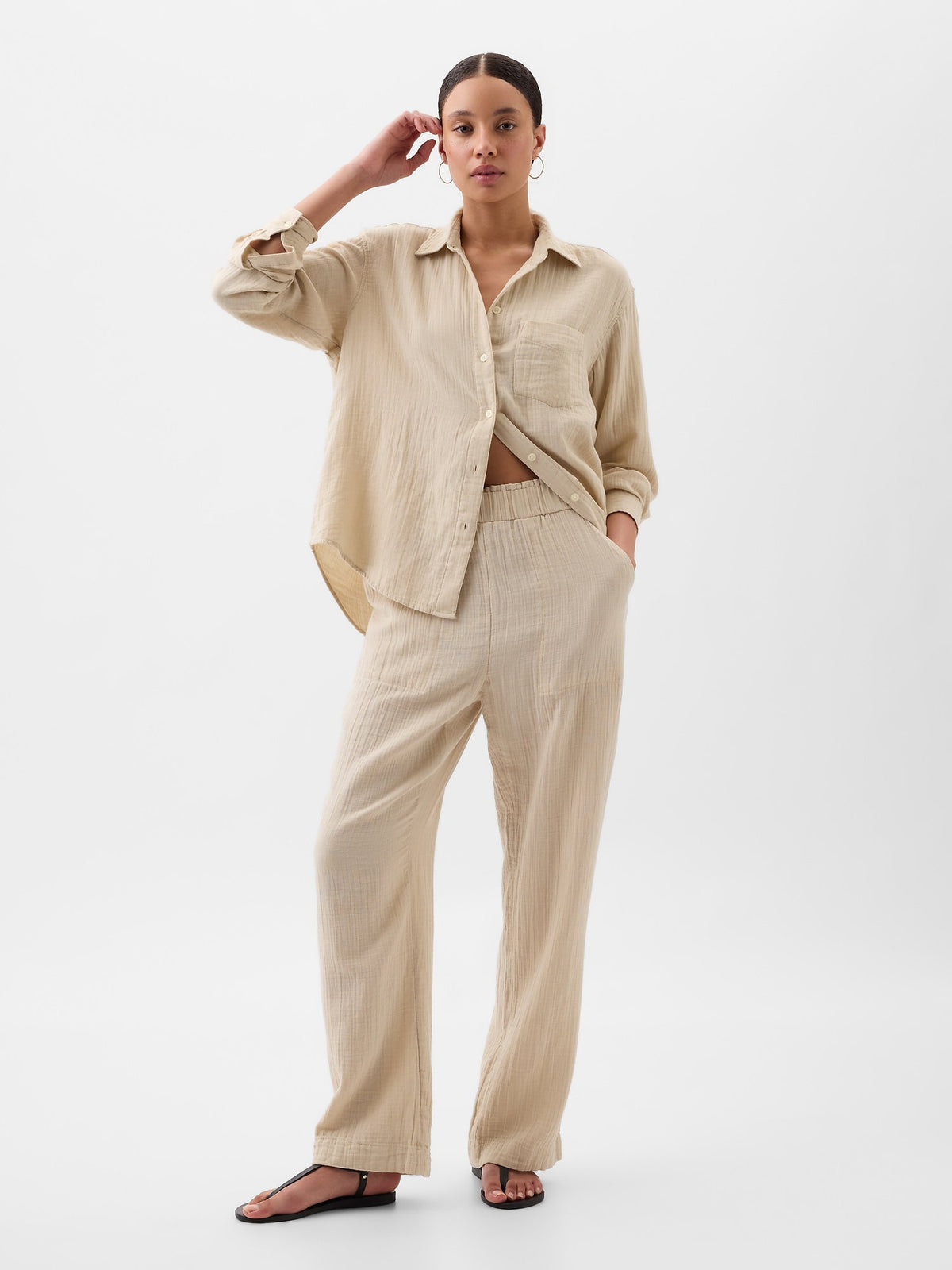 Bej Mid Rise Gauze Wide-leg Pull-on Pantolon