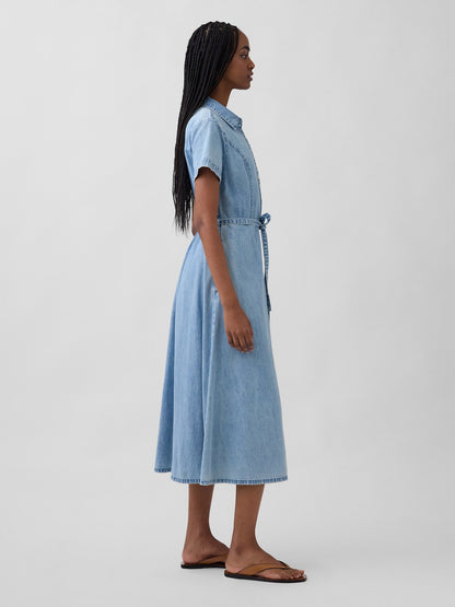 Açık Mavi Denim Tie-waist Midi Gömlek Elbise