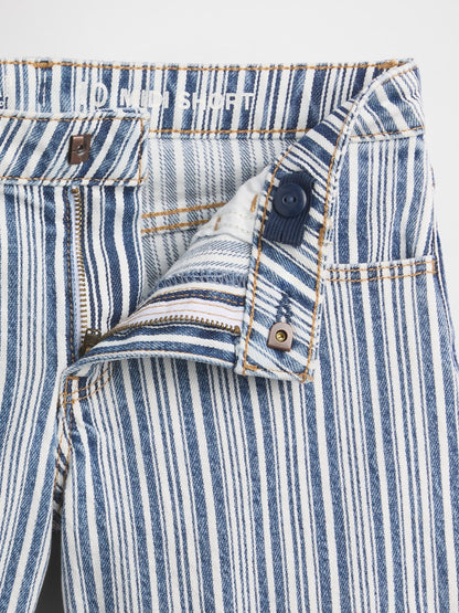 Mavi Denim Çizgili Midi Şort