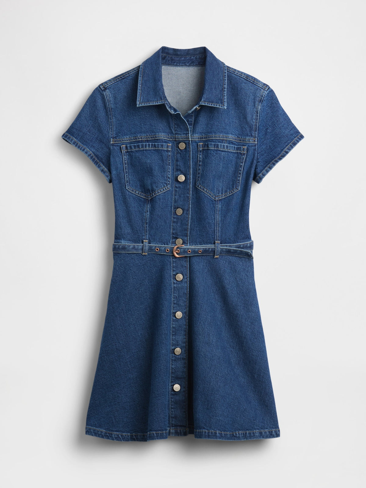 Mavi Denim Kemerli Mini Gömlek Elbise