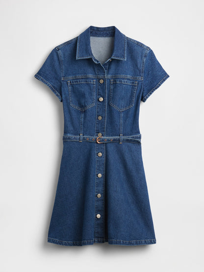 Mavi Denim Kemerli Mini Gömlek Elbise