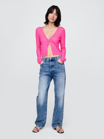 Pembe Transparan Fitilli Bağcıklı Crop Triko Hırka