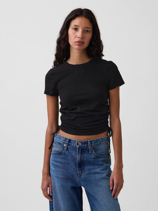 Siyah Closeknit Jersey Logo Ruched Side-tie T-shirt