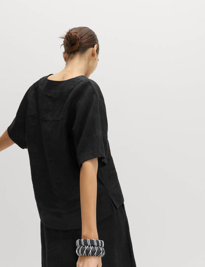 %100 Keten V Yaka Popover Bluz