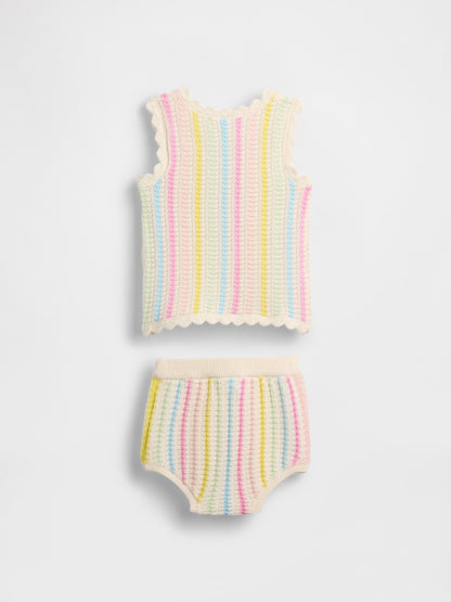 Çok Renkli Crochet Çizgili Triko Outfit Set