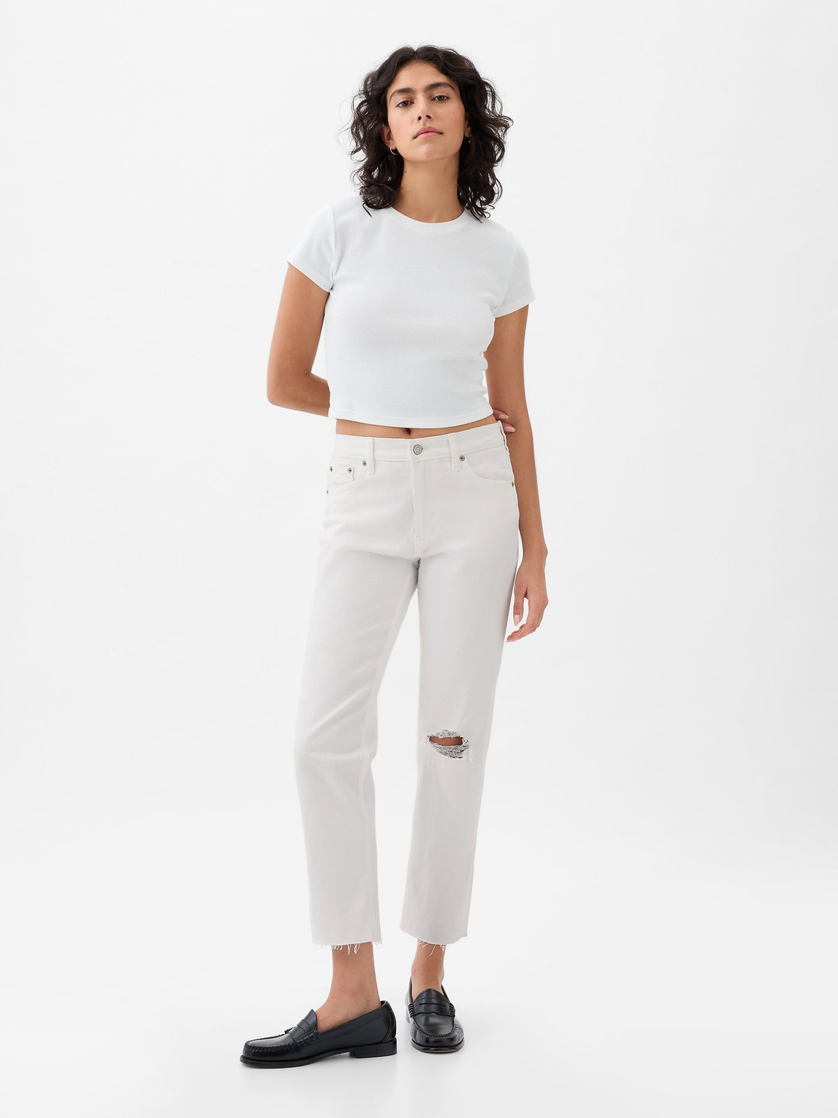 Beyaz High Rise Cheeky Straight Jean Pantolon