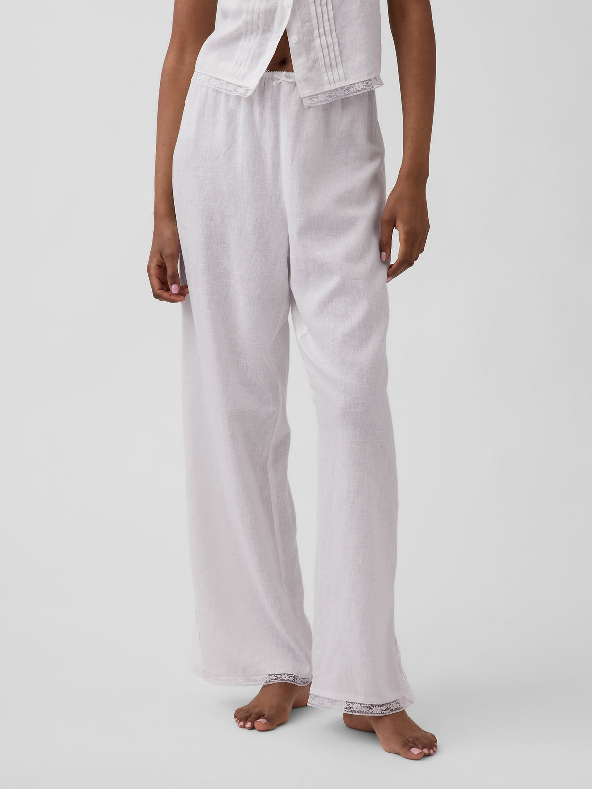 Beyaz Keten Karışımlı Dantel Kenar Pijama Altı
