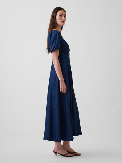 Koyu Mavi Denim Puff-sleeve Button-front Maxi Elbise