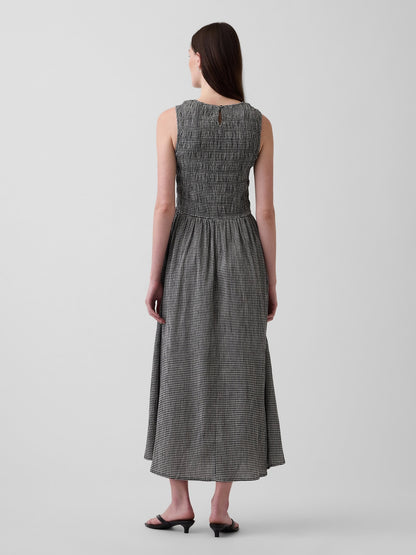 Siyah Gingham Smocked Drop-waist Maxi Elbise