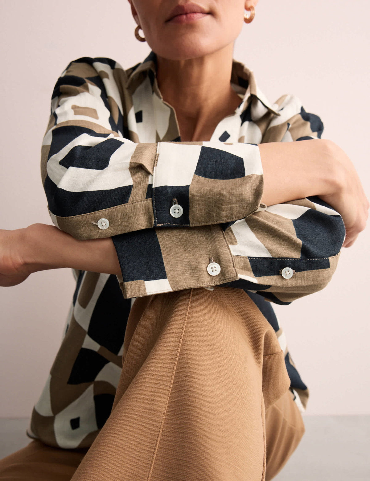 Keten Geometrik Desenli Relaxed Fit Gömlek