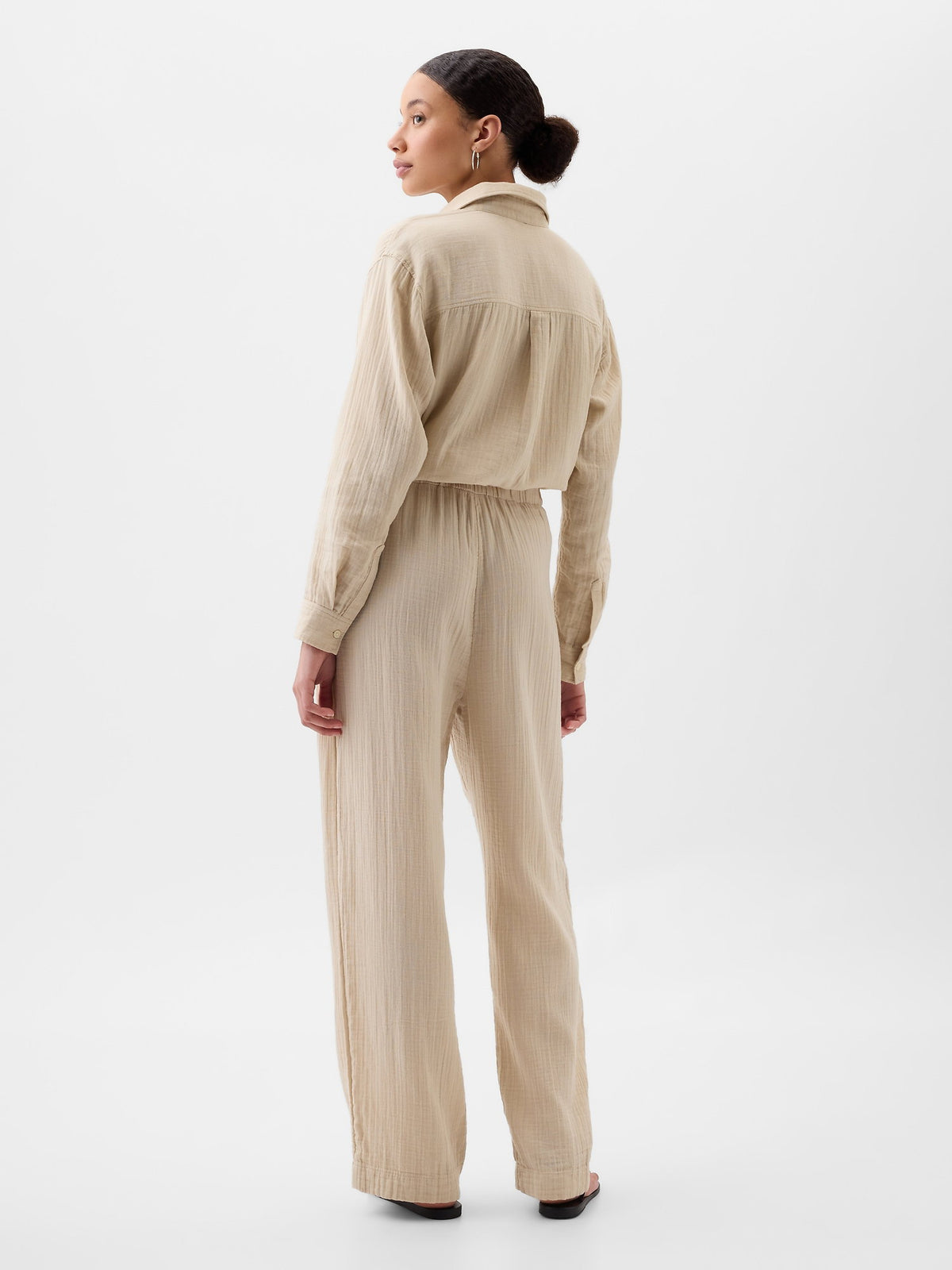 Bej Mid Rise Gauze Wide-leg Pull-on Pantolon