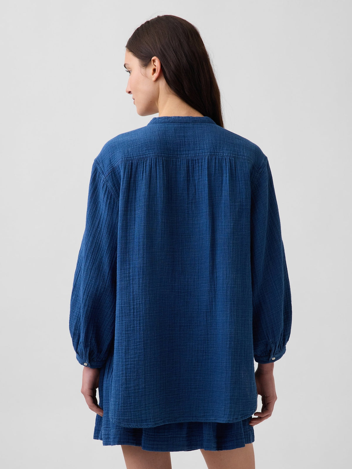Koyu Mavi Pamuk Gauze Denim Oversized Yakasız Gömlek