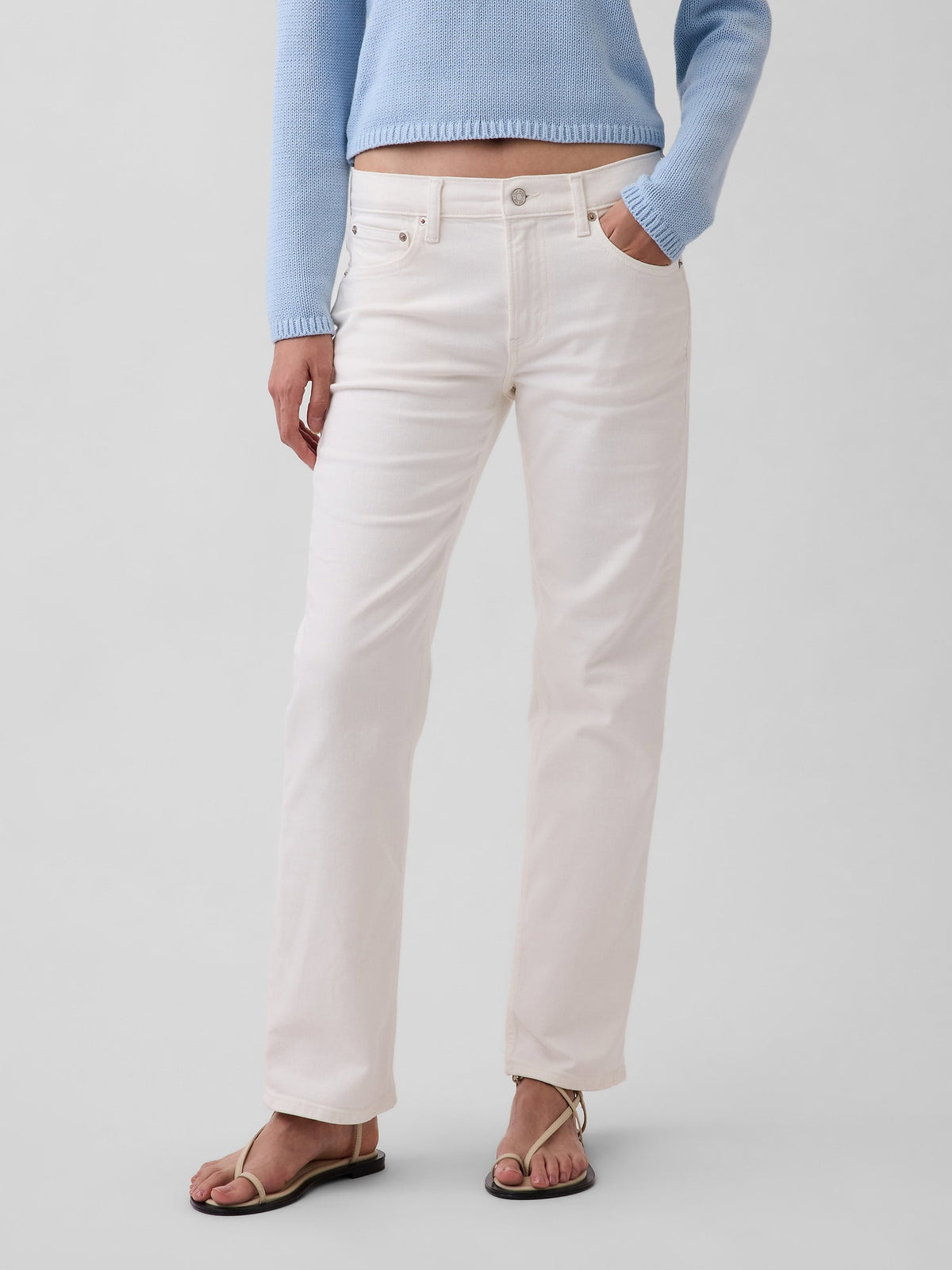 Beyaz Mid Rise Relaxed Straight Jean Pantolon