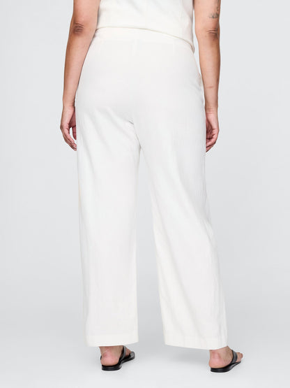 Beyaz Keten Karışımlı Relaxed Straight Ankle Pantolon
