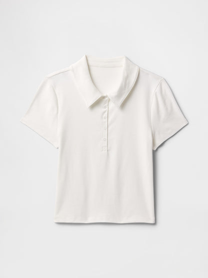 Beyaz Modern Fitilli Crop Polo T-shirt