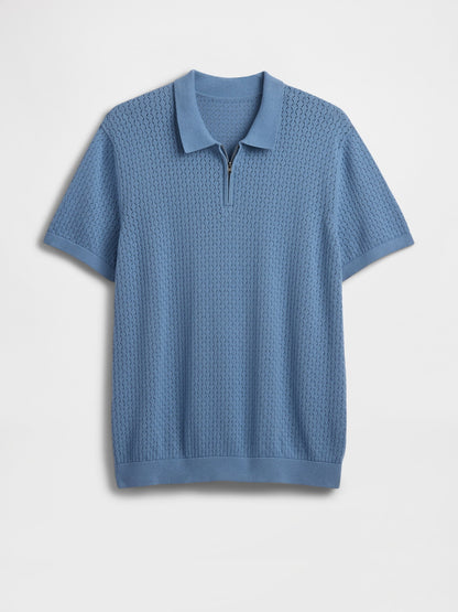Mavi Kroşe Örgü Polo Yaka T-shirt