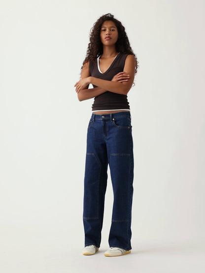 Koyu Mavi Low Rise Double-knee '90s Jean Pantolon