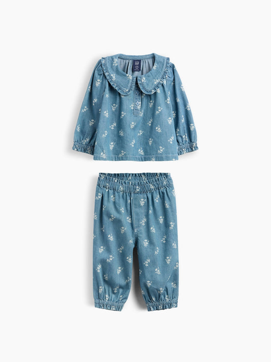 Mavi Çiçek Denim Outfit Set