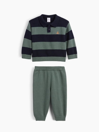 Lacivert Bebek Çizgili Polo Kazak Outfit Set