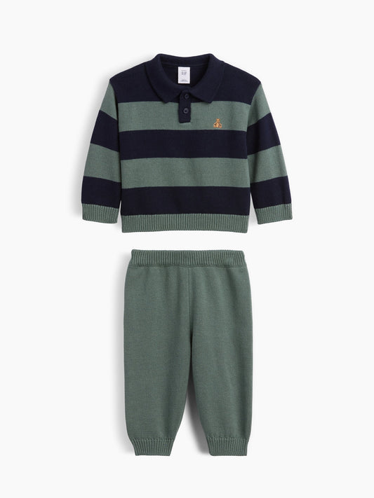 Lacivert Bebek Çizgili Polo Kazak Outfit Set