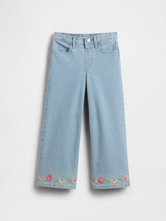 Açık Mavi Işlemeli Wide-leg Jean Pantolon