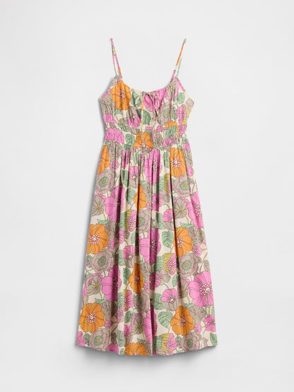 Çok Renkli Smocked Tie-front Midi Elbise