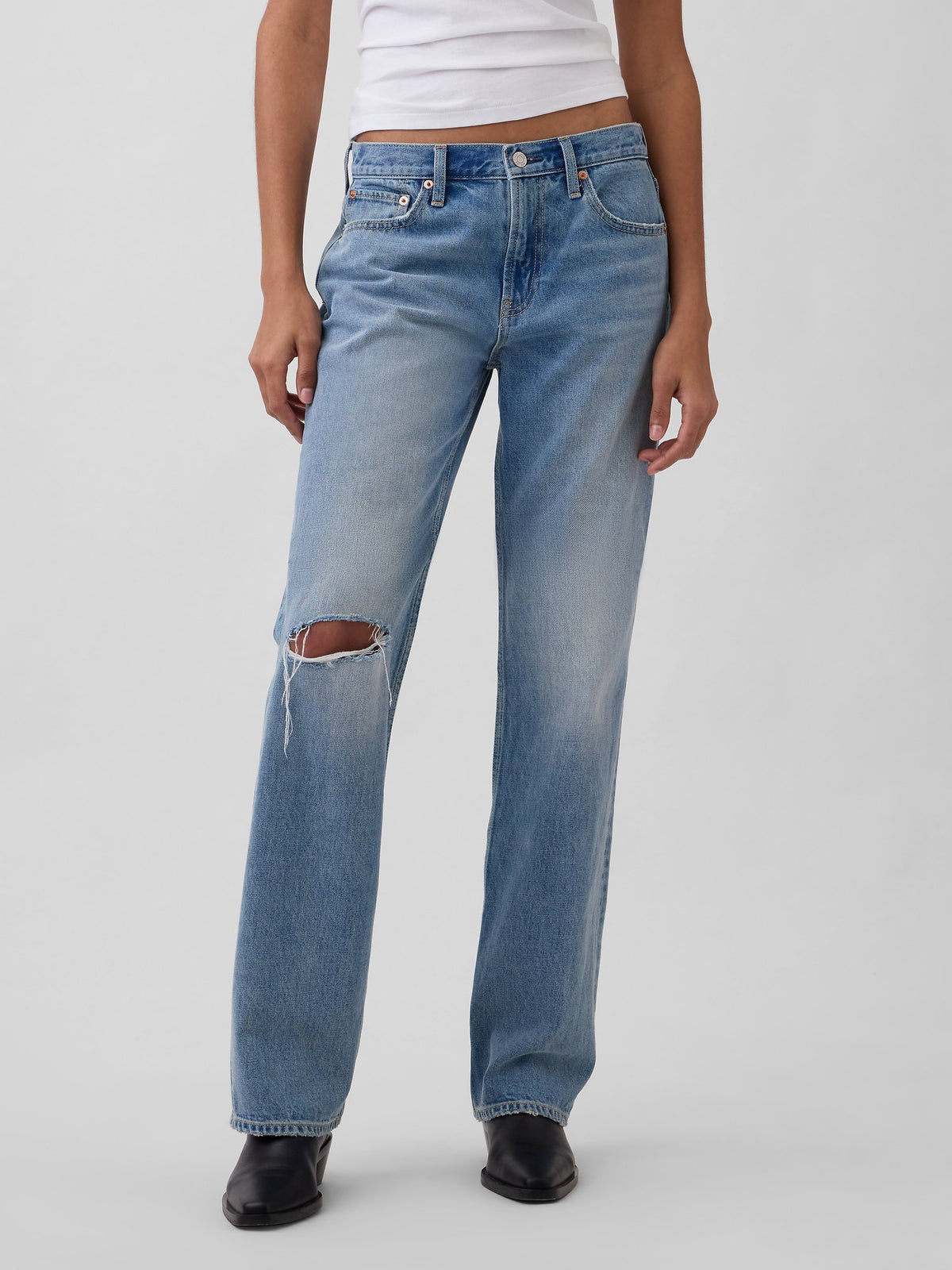 Açık Mavi Mid Rise Rigid Relaxed Straight Jean Pantolon