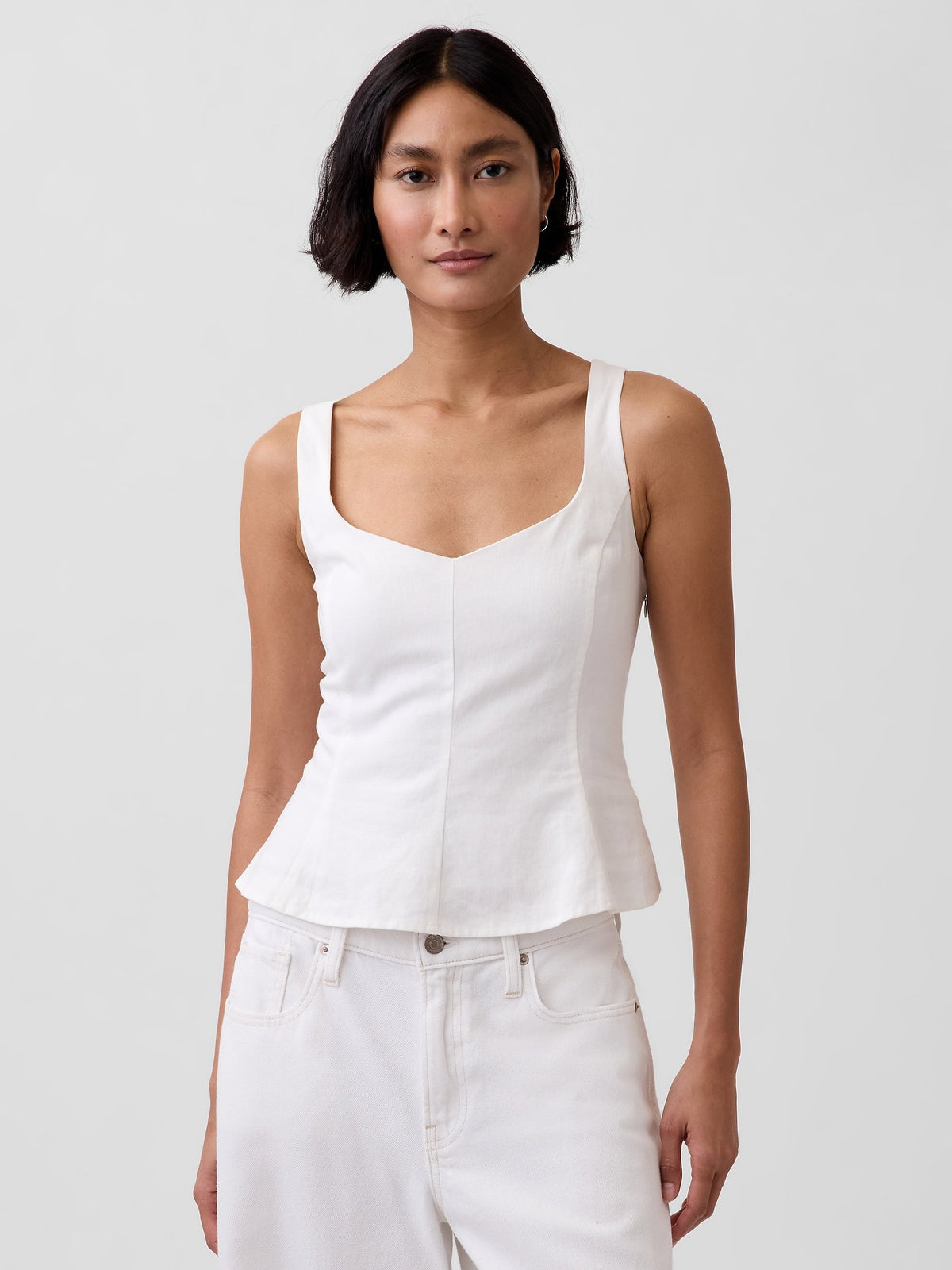 Beyaz Keten Karışımlı Peplum Bluz