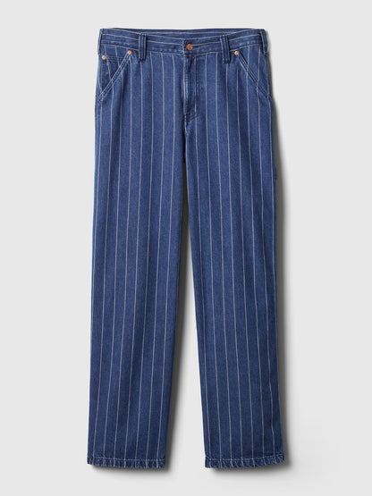 Koyu Mavi Mid Rise '90s Loose Çizgili Carpenter Jean Pantolon