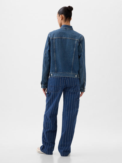 Koyu Mavi Mid Rise '90s Loose Çizgili Carpenter Jean Pantolon