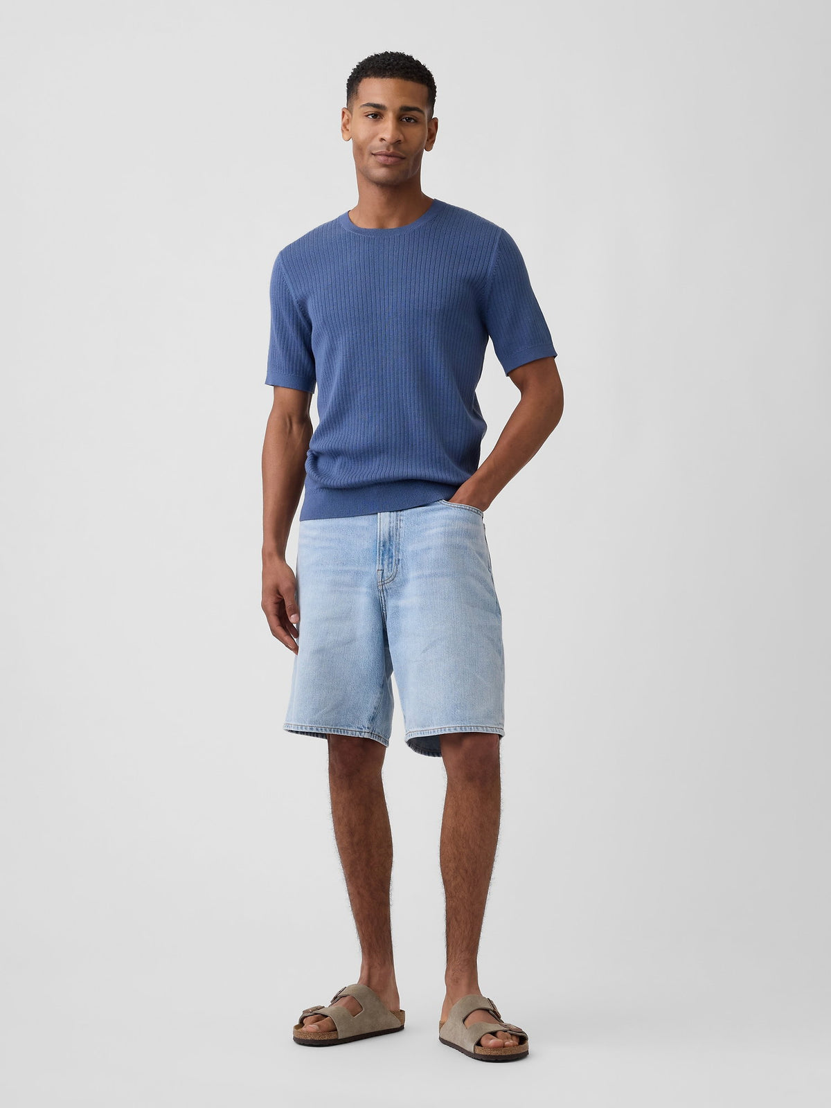 Mavi Ribbed Bisiklet Yaka Triko T-shirt