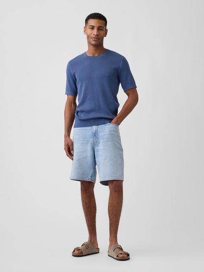 Mavi Ribbed Bisiklet Yaka Triko T-shirt