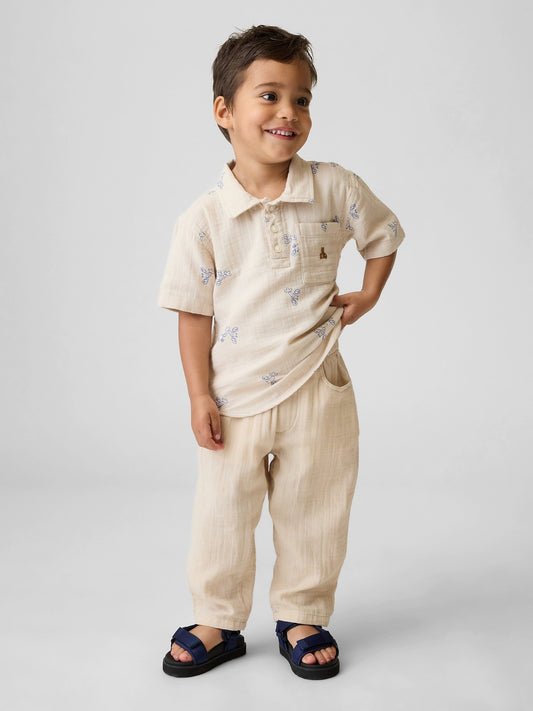 Bej Pamuk Gauze Pull-on Barrel Pantolon