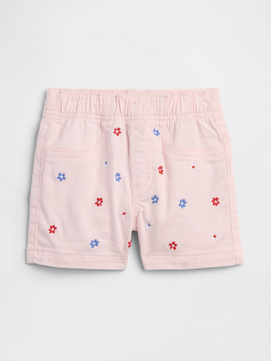 Açık Pembe Pull-on Işlemeli Mom Jean Şort