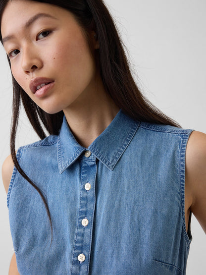 Mavi Ultrasoft Denim Maxi Gömlek Elbise