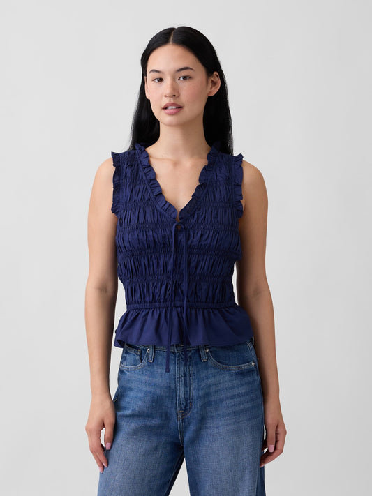 Lacivert Smocked Kolsuz Bluz