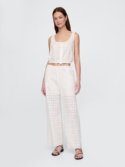 Beyaz Mid Rise Eyelet Kolay Wide-leg Pantolon