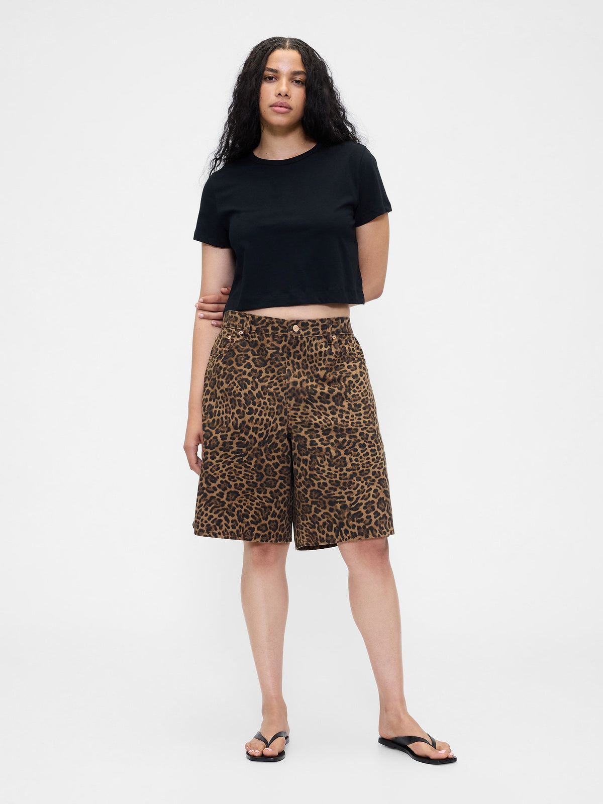 Kahverengi 11 Mid Rise Denim Leopar Longline Şort