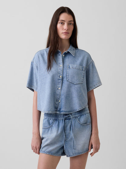 Açık Mavi Ultrasoft Denim Oversized Kamp Gömlek