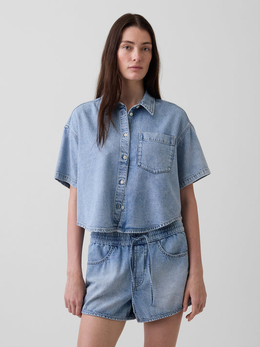 Açık Mavi Ultrasoft Denim Oversized Kamp Gömlek