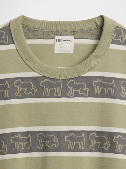 Haki Keith Haring Oversized Çizgili T-shirt