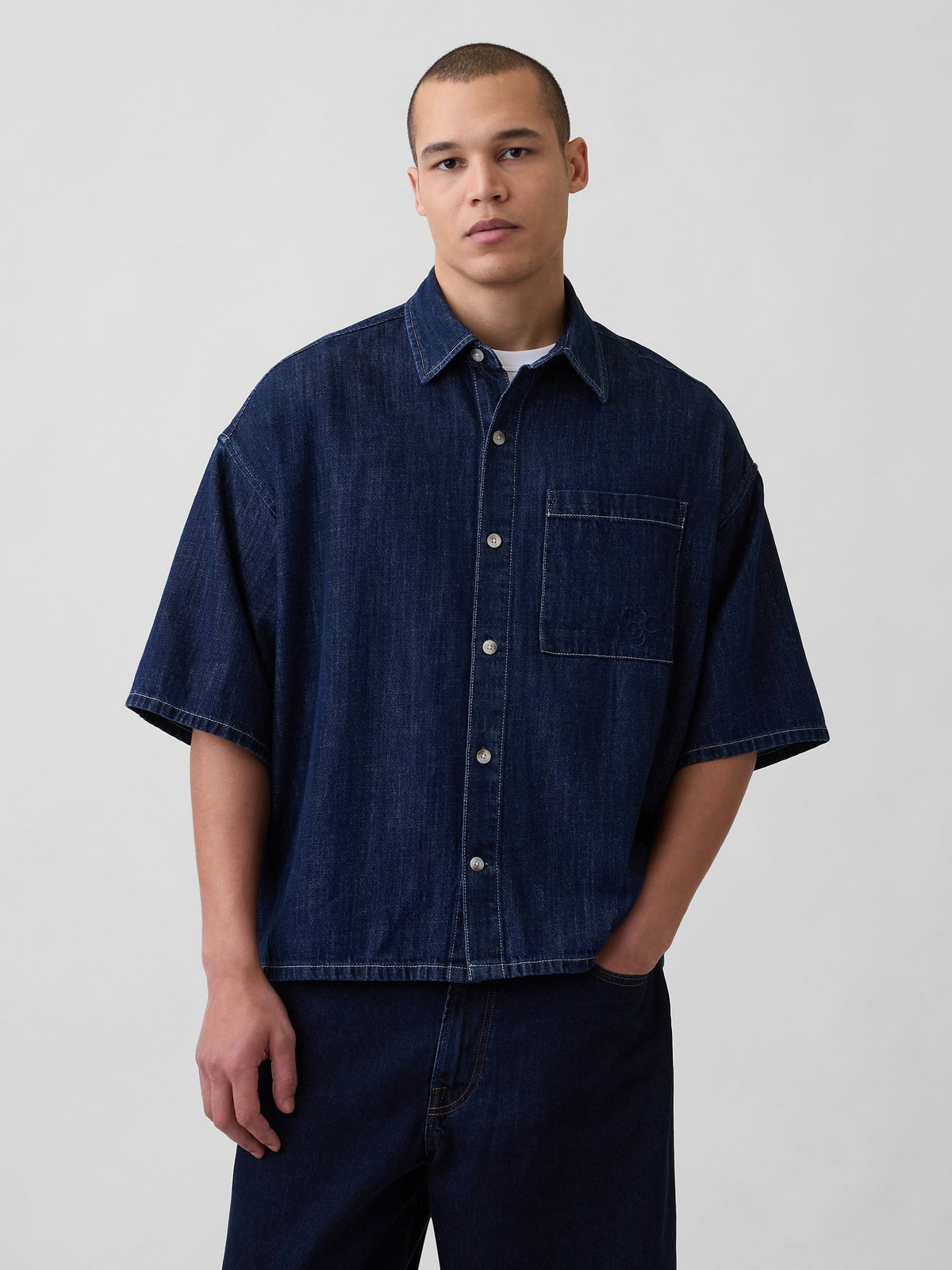Koyu Mavi Denim Oversized Straight-hem Gömlek