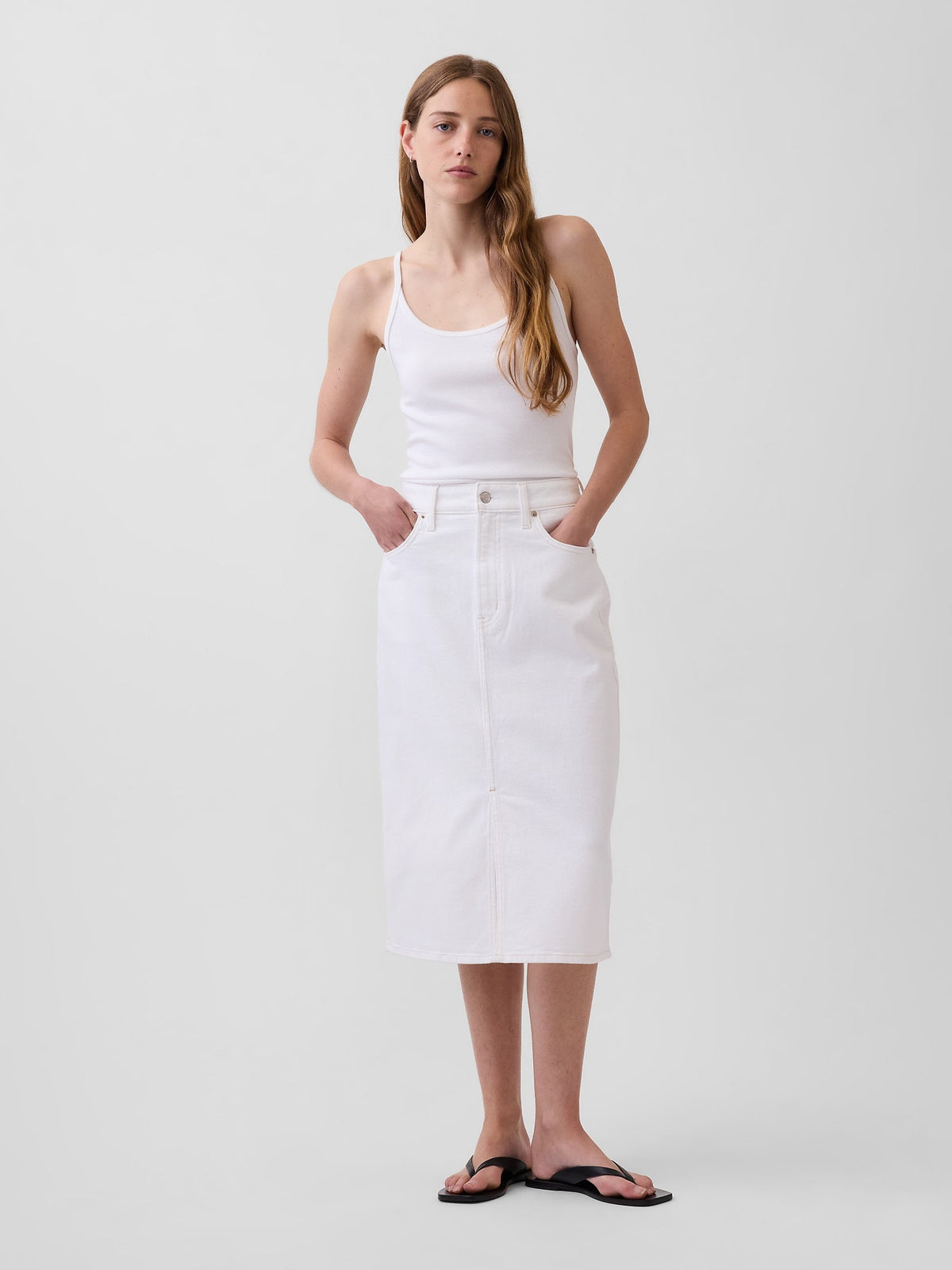 Beyaz Denim Midi Kalem Etek