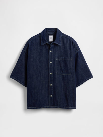 Koyu Mavi Denim Oversized Straight-hem Gömlek
