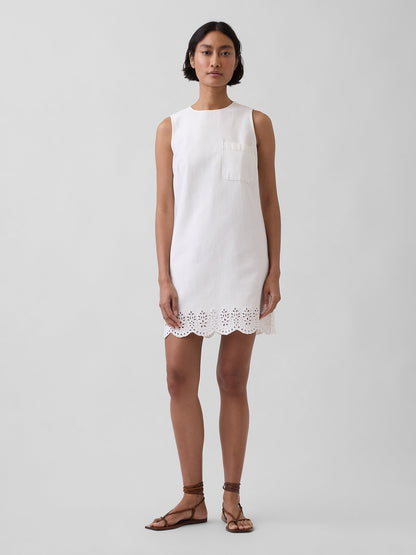 Beyaz Eyelet Hem Mini Shift Elbise