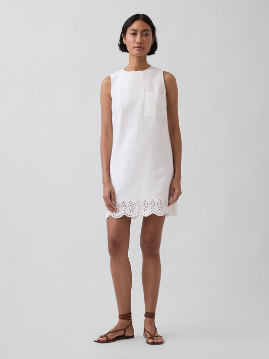 Beyaz Eyelet Hem Mini Shift Elbise