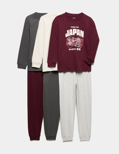 3'lü Saf Pamuklu Sushi Desenli Çocuk Pijama Seti