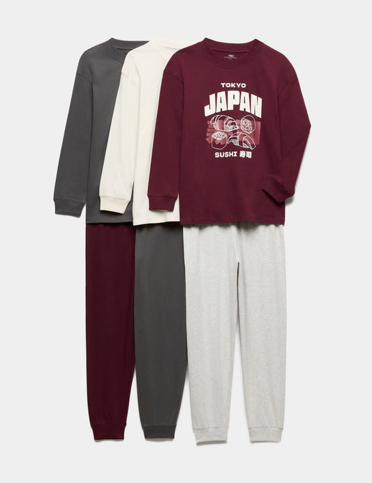 3'lü Saf Pamuklu Sushi Desenli Çocuk Pijama Seti