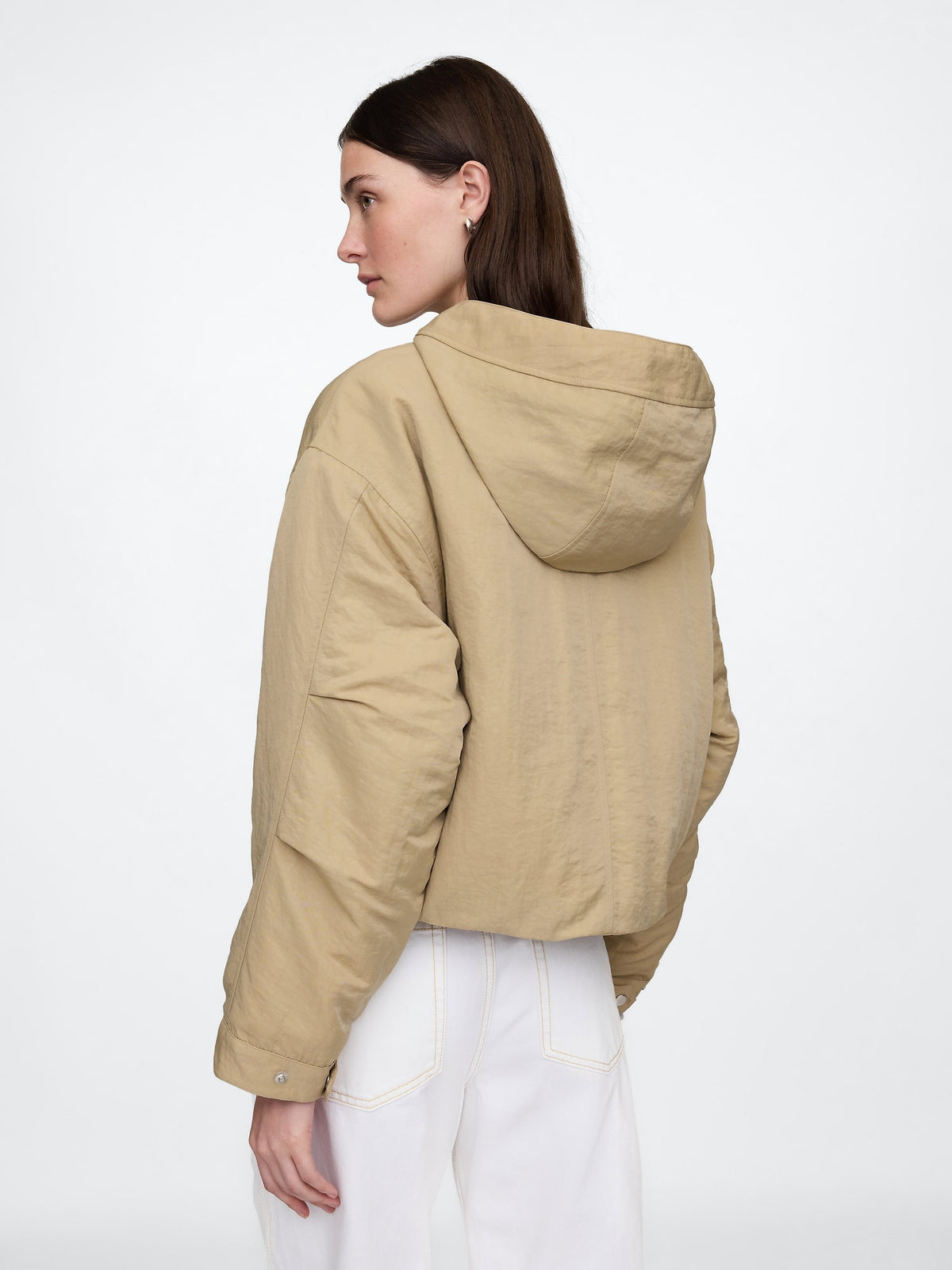 Bej Kapüşonlu Crop Ceket